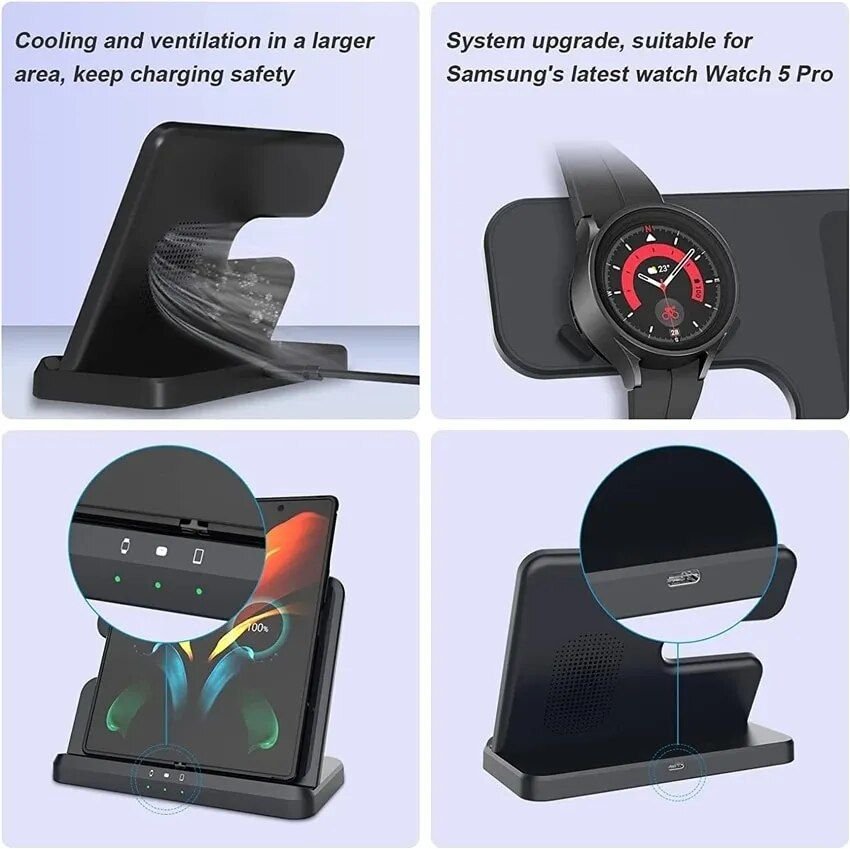 3-in-1 Wireless Charger Stand for Samsung S22, S21, S20, S10 Ultra; Note series; Galaxy Watch 5, 4; Active Buds 15W - Image 8