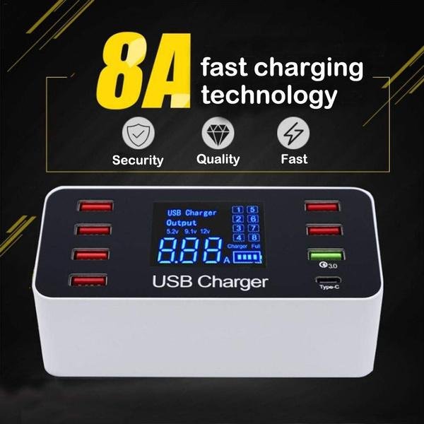 8A40W Charger Adapter Type C Hubs Quick Charge 3.0 USB Multi Port USB Charger Dock Station LCD Display with Smart Identification - Image 5